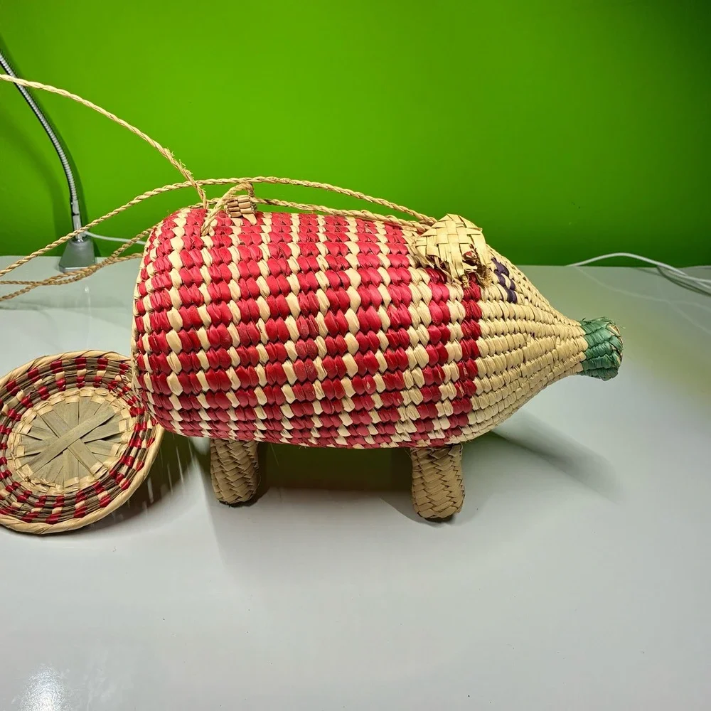 Vintage Hand Woven Straw Pig Basket Red Natural Animal Folk Art Storage with Lid
